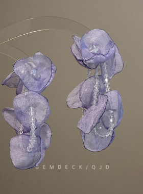 紫色长款水晶花朵耳钉旅游度假风氛围感高级耳环女气质流苏耳饰品