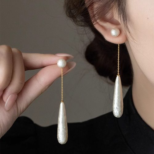 法式优雅~长款纹理珍珠水滴耳环女小众设计高级感耳钉复古耳饰品