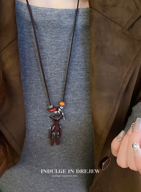 复古可爱泰迪熊吊坠项链女长款挂脖高级感毛衣链小众百搭卫衣配饰