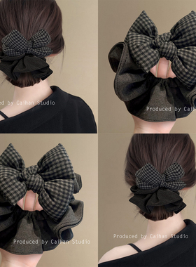 复古灰色格纹蝴蝶结发圈女韩系高级感头绳扎头发高端皮筋布艺发饰