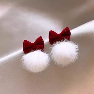 秋冬酒红色蝴蝶结毛球耳钉高级氛围感气质耳环女夸张时髦小众耳饰
