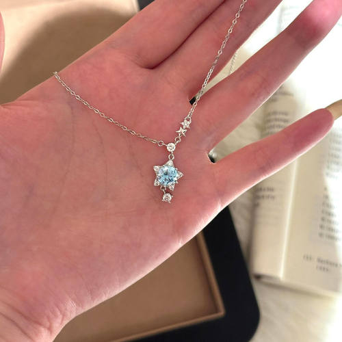 超闪锆石蓝色星星吊坠项链女精致百搭高级感锁骨链小众百搭配饰品