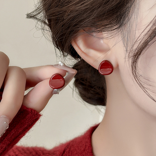 酒红色简约圆片耳钉轻奢小众高级感耳环女气质百搭秋冬时尚 耳饰品