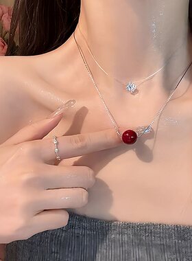 简约双层红色相思豆项链女小众设计高级感锁骨链气质百搭复古颈链
