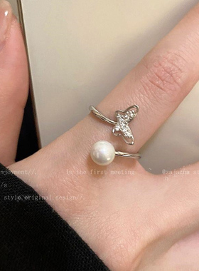 精致锆石蝴蝶珍珠开口戒指女ins潮轻奢高级感时尚食指戒网红指环