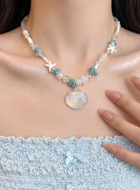 度假风蓝色串珠贝壳项链女小众设计感高级锁骨链旅游拍照颈链配饰