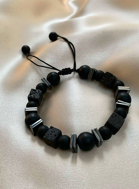 黑色火山石圆珠手链女高级感可抽拉嘻哈手绳复古小众情侣手串配饰
