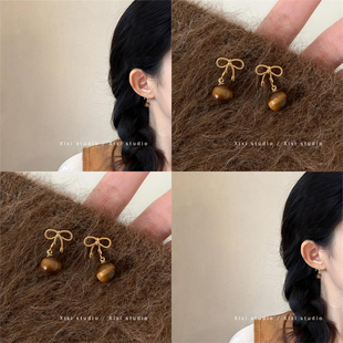 美拉德复古蝴蝶结虎眼石耳钉高级感轻奢气质耳环女精致百搭耳饰品