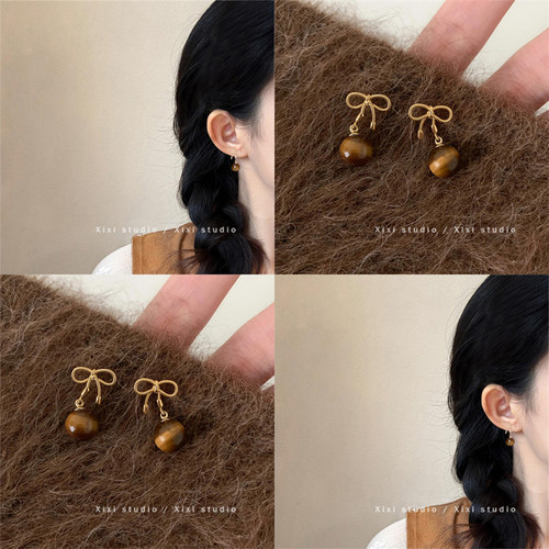 美拉德复古蝴蝶结虎眼石耳钉高级感轻奢气质耳环女精致百搭耳饰品