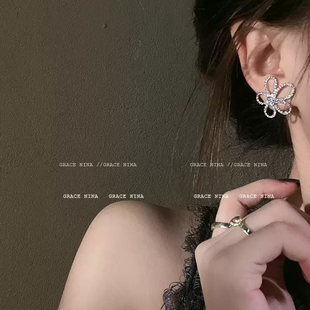轻奢满钻花朵耳钉气质网红高级感耳环女2025新款 小众独特耳饰 爆款