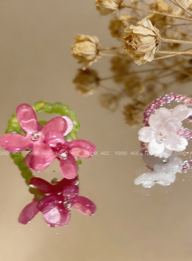 多巴胺彩色紫罗兰串珠花朵戒指女款甜美可爱弹力食指戒度假风指环