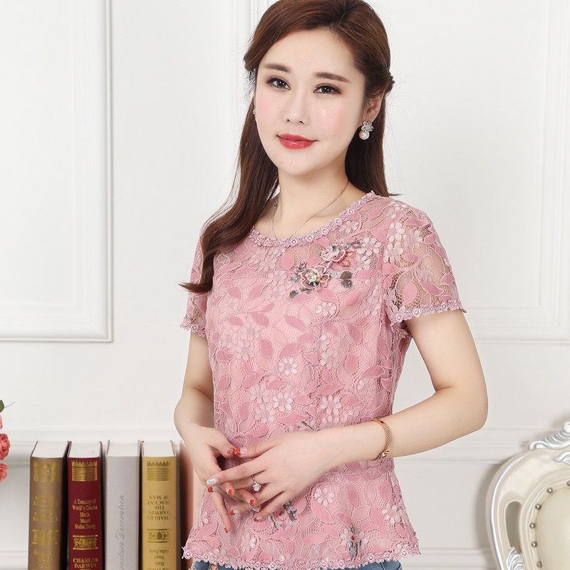 粉红玛丽2023春夏新款淑女大码正品蕾丝衫短袖上衣蕾丝打底衫小衫