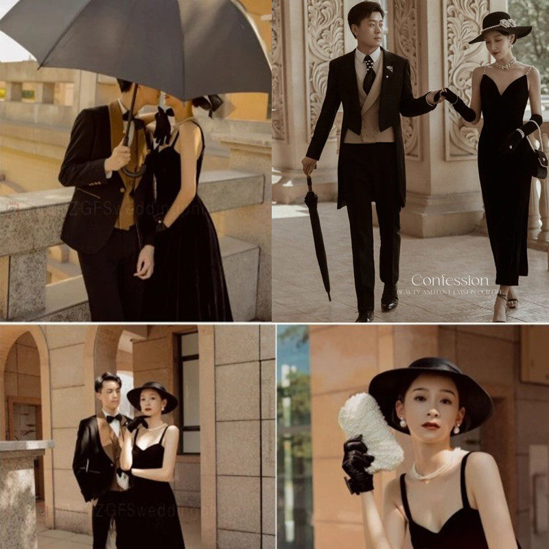 新款赫本风婚纱摄影道具大黑伞法式复古英伦帽子外景街拍珍珠手包