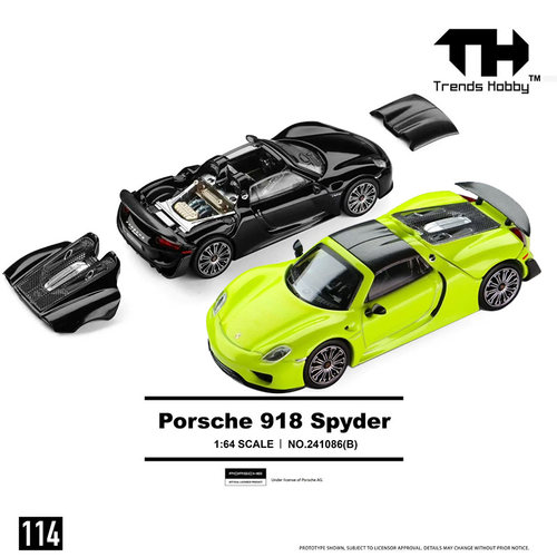 TH 1:64 保时捷918 Spyder 亮黑色 敞篷超跑可开后盖合金汽车模型