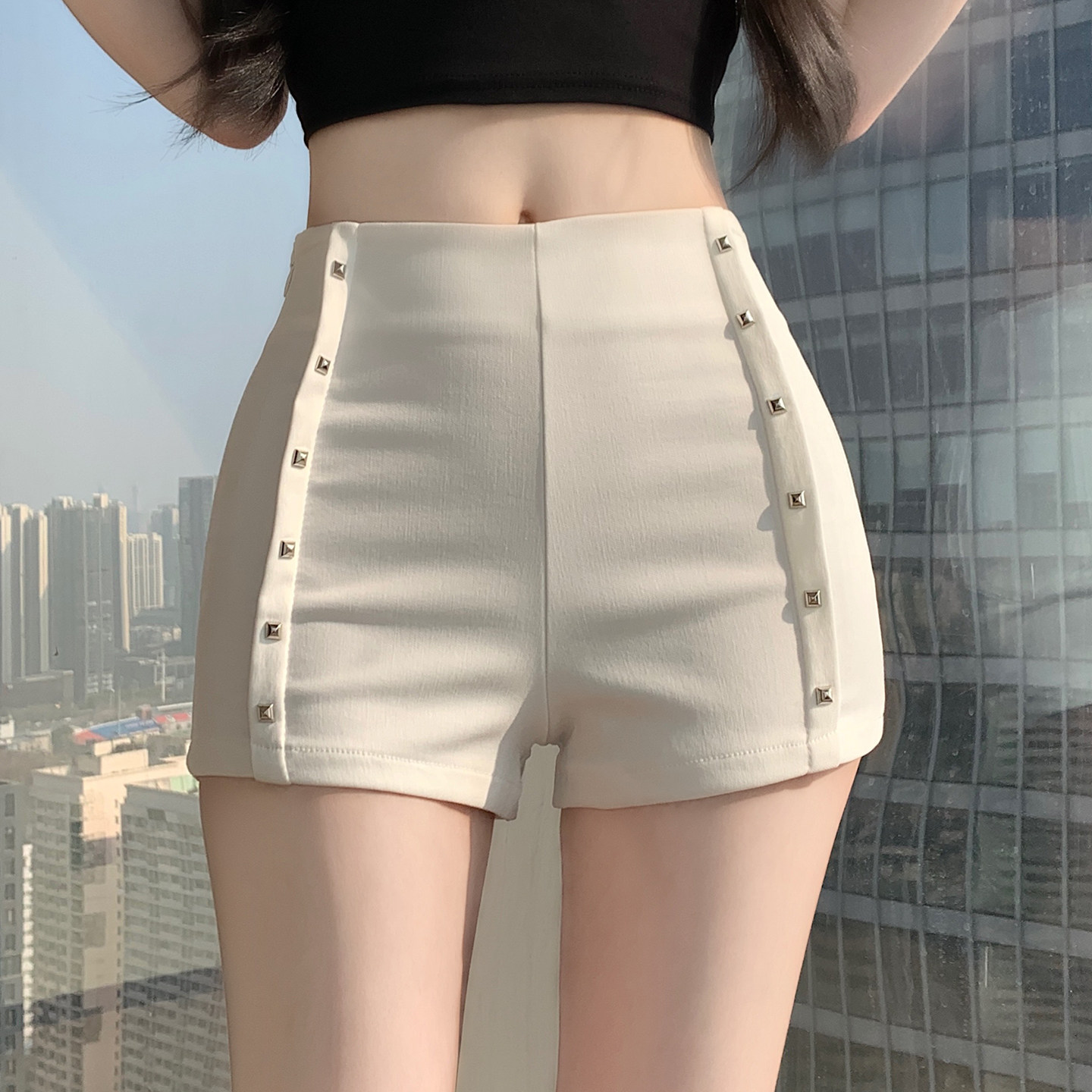 实拍短裤女团舞蹈热裤春夏季辣妹高腰显瘦弹力白色防走光安全裤
