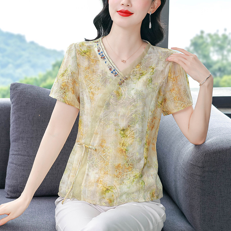 夏装新款精致漂亮碎花雪纺衫国风短袖上衣新中式女装百搭小衫