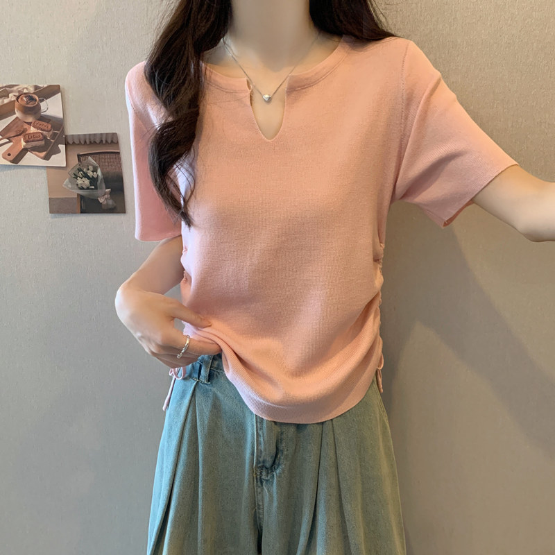 实拍 胖mm夏装大码女装新款显瘦短袖T恤抽绳设计感短款冰丝上衣