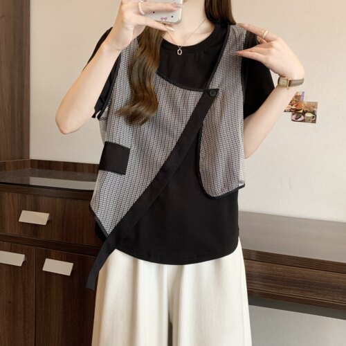 实拍 大码女装2026夏季新款小众设计款假两件时尚宽松显瘦短袖T恤