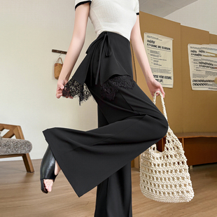 实拍假两件蕾丝拼接屁帘阔腿裤 高腰显瘦西装 休闲直筒拖地裤 女夏季