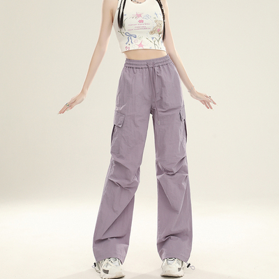 实拍高品质爆款紫色工装裤女春夏直筒阔腿裤伞兵裤主推有优惠