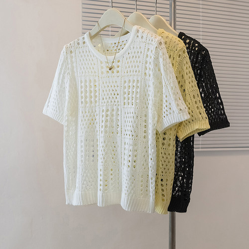 实拍大码短袖T恤女设计感小众针织薄款显瘦宽松镂空韩版罩衫上衣