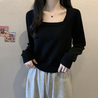 实拍胖mm大码女装秋装小方领简约纯色针织衫显瘦套头宽松韩版上衣