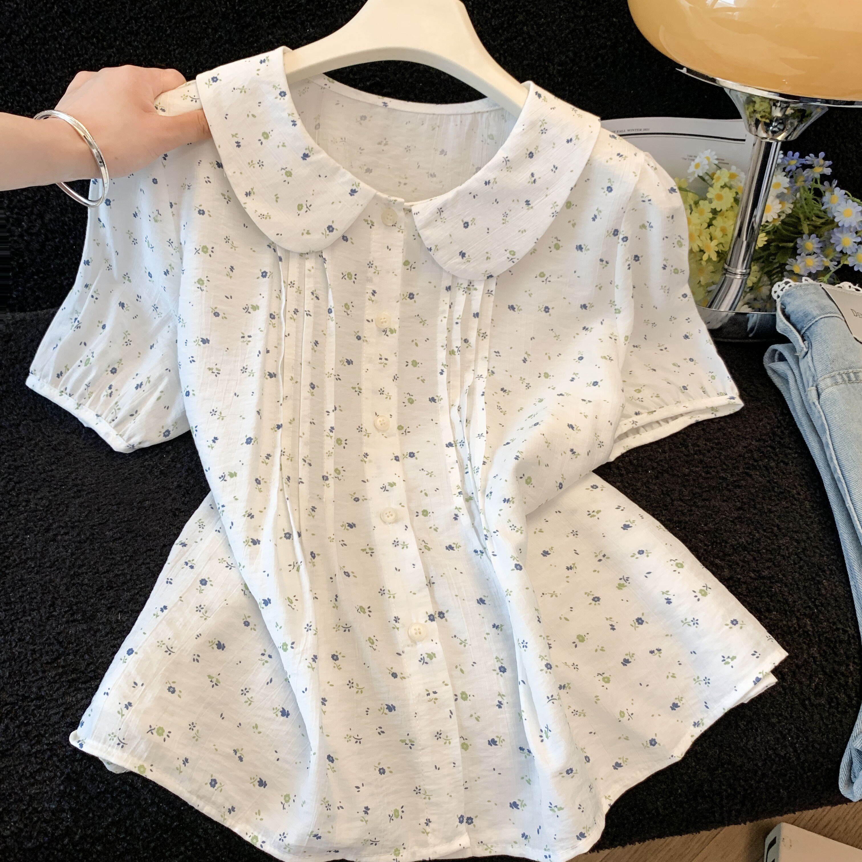 韩系碎花短袖衬衫女夏季花边娃娃领泡泡袖上衣