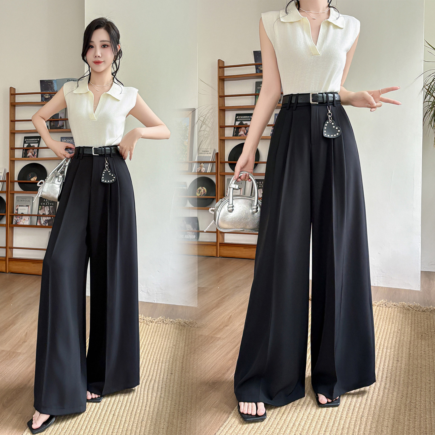 实拍夏季白色西装阔腿宽松直筒设计感腰带高腰垂坠感百搭拖地长裤