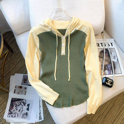 实拍 现货 2025秋装新款韩版连帽撞色打底衫修身卫衣上衣针织衫女