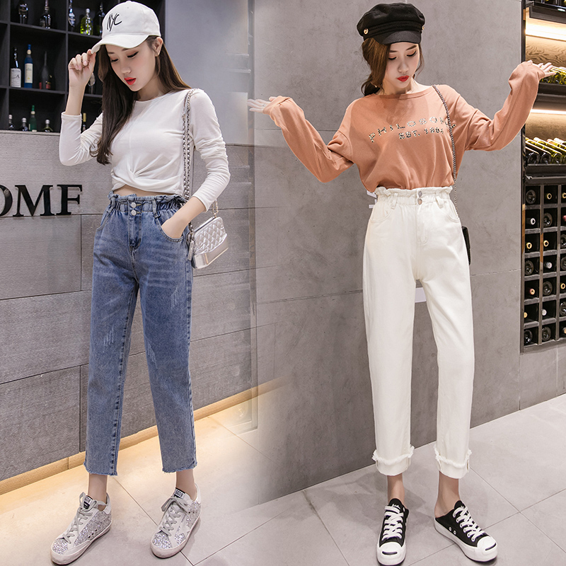 实拍高腰牛仔哈伦裤女2025夏季韩版修身显瘦窄款萝卜直筒裤小脚裤