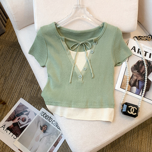 新款 女 实拍 2026夏季 甜辣妹薄款 针织衫 短款 大货 假两件T恤修身