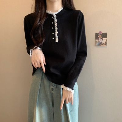 实拍大码秋冬蕾丝半高领针织打底衫女胖MM高级感内搭显瘦毛衣上衣