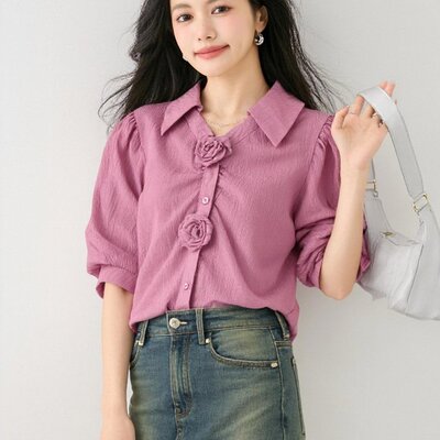 已出货港风复古玫瑰花朵粉色短袖衬衫女夏款气质显瘦衬衣小众上衣