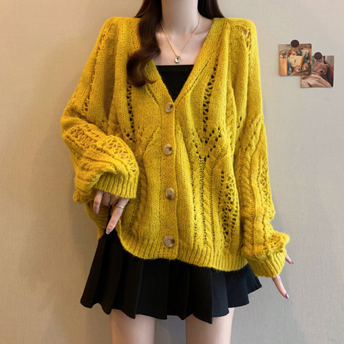 实拍大码韩系洋气镂空勾花彩色时尚减龄长袖针织开衫