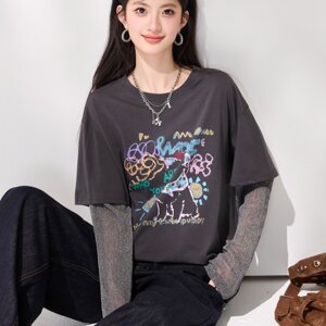 已出货2026夏新款灰色假两件t恤女设计感防晒袖上衣时尚休闲小衫