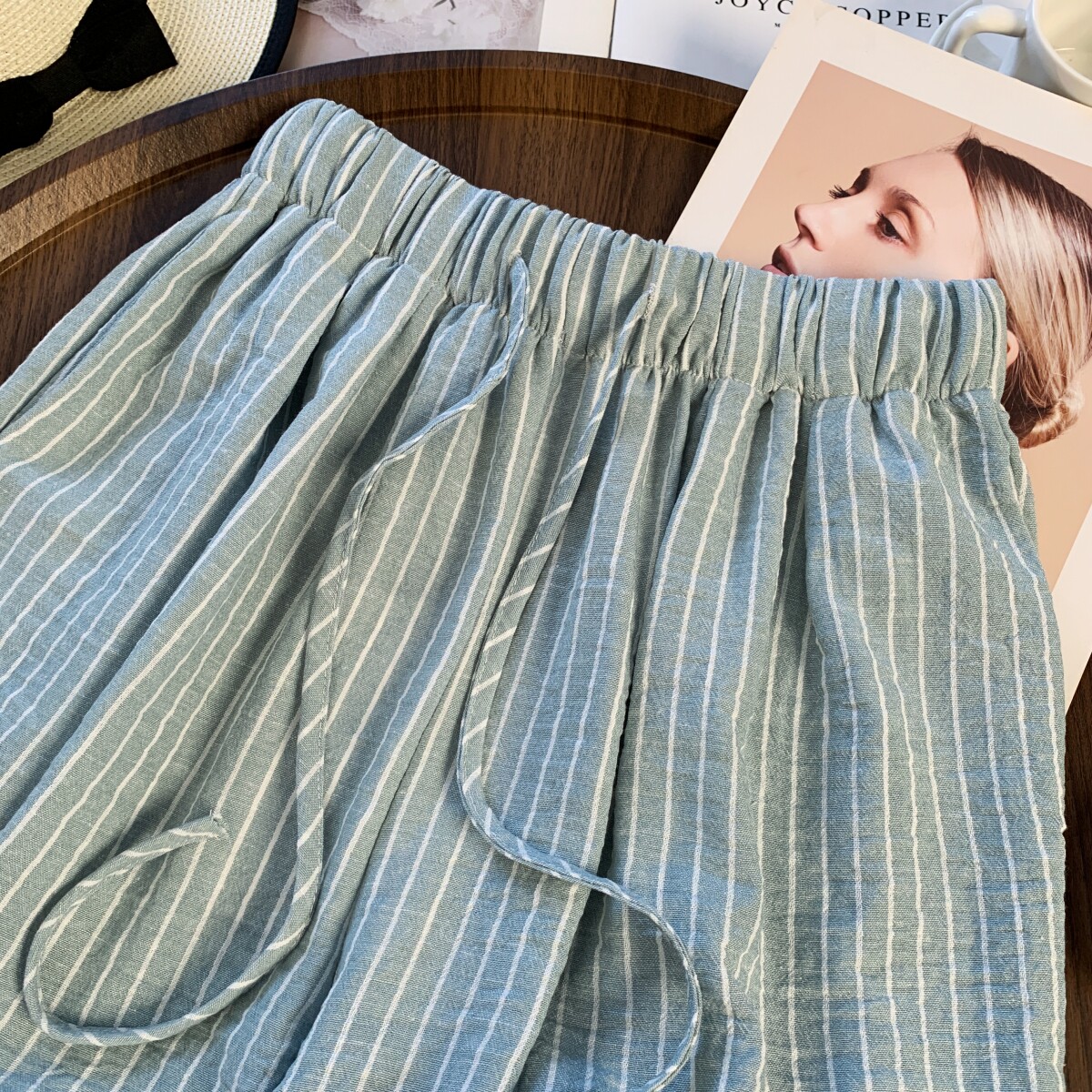 实拍 很适合出门遛弯法式蓝色条纹阔腿裤女慵懒直筒裤腿休闲裤