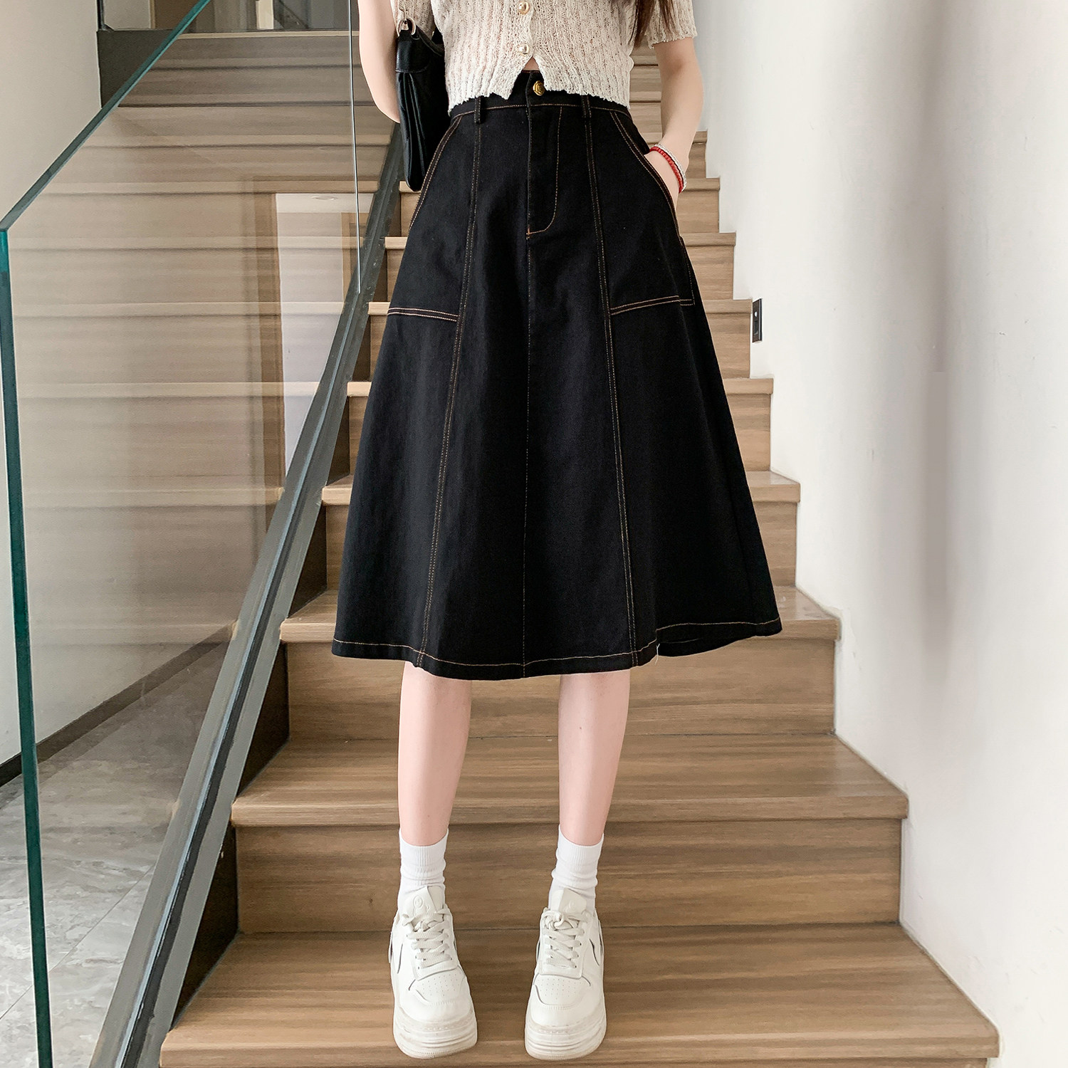 实拍夏新款大码女装牛仔半身裙女胖MM宽松弹力高腰中长款a字伞裙