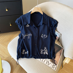 抽绳高级感小众时髦小衫 上衣 白色刺绣图案棉麻衬衫 实拍