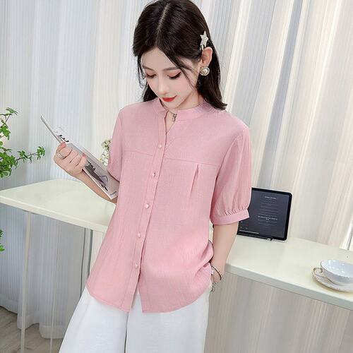 实拍大码棉麻短袖衬衫女2026夏装新款宽松遮肚子显瘦上衣