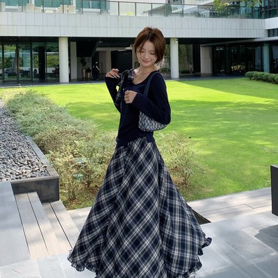 实拍实价温柔风秋季新款套装设计感不规则斜肩上衣复古格纹半身裙