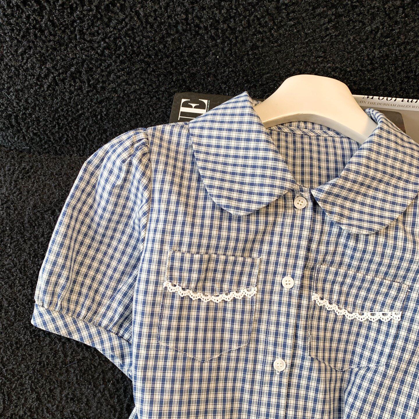 实拍～荷叶边拼接蓝色格纹娃娃衫短袖女小清新短款衬衫