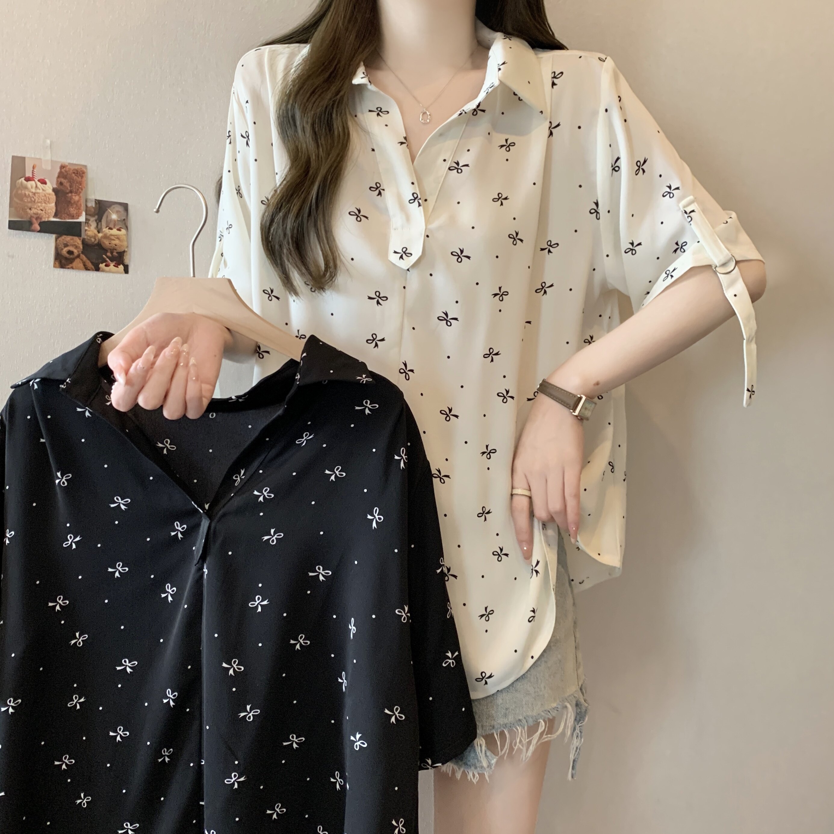 实拍胖妹妹2026新款蝴蝶结印花V领短袖雪纺衬衫显瘦遮肚别致上衣
