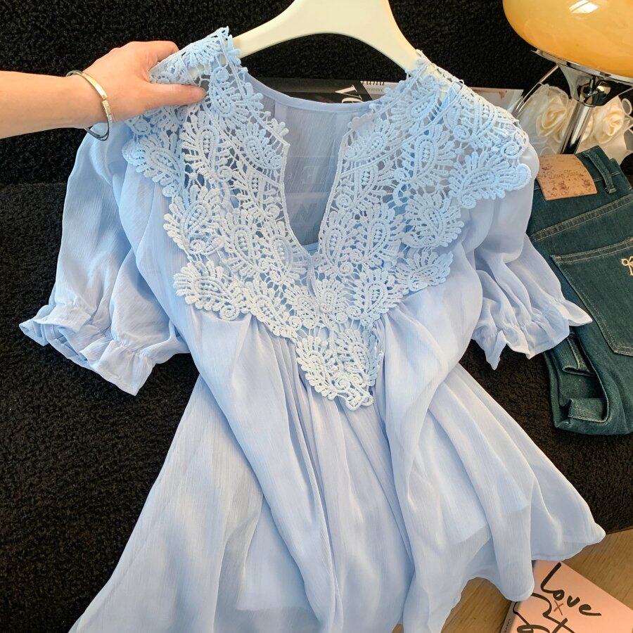 实拍蕾丝拼接花边v领雪纺衫女夏季宽松气质短袖+小衫内搭吊带上衣