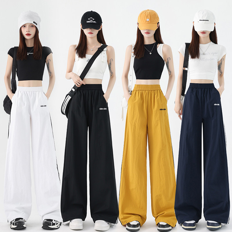 实拍高街条纹速干阔腿运动裤女夏季新款宽松显瘦休闲工装长裤