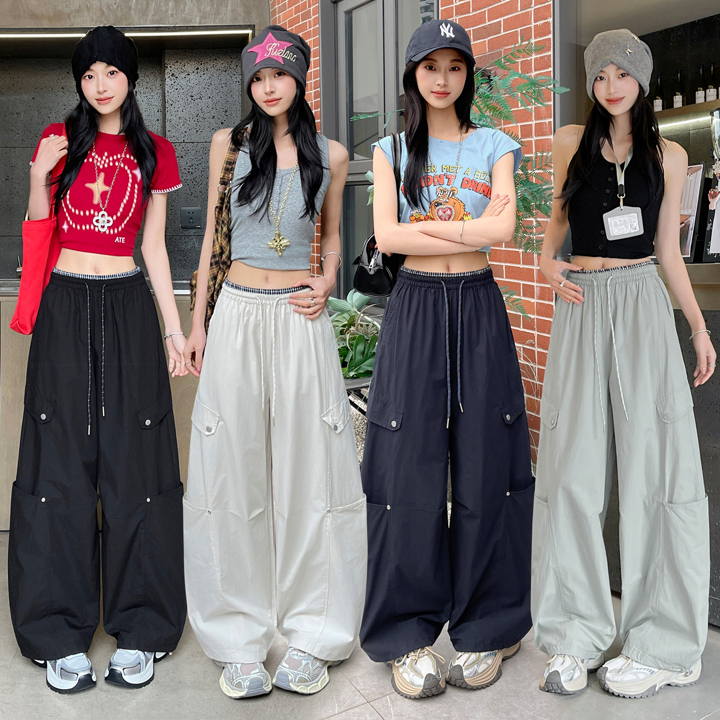 实拍2026夏季新款高腰休闲运动裤天丝棉束脚阔腿两穿工装裤女