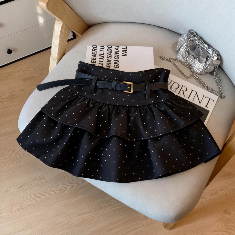 实价 甜美波点荷叶边白色半身裙女春夏高腰显瘦蓬蓬防走光A字短裙