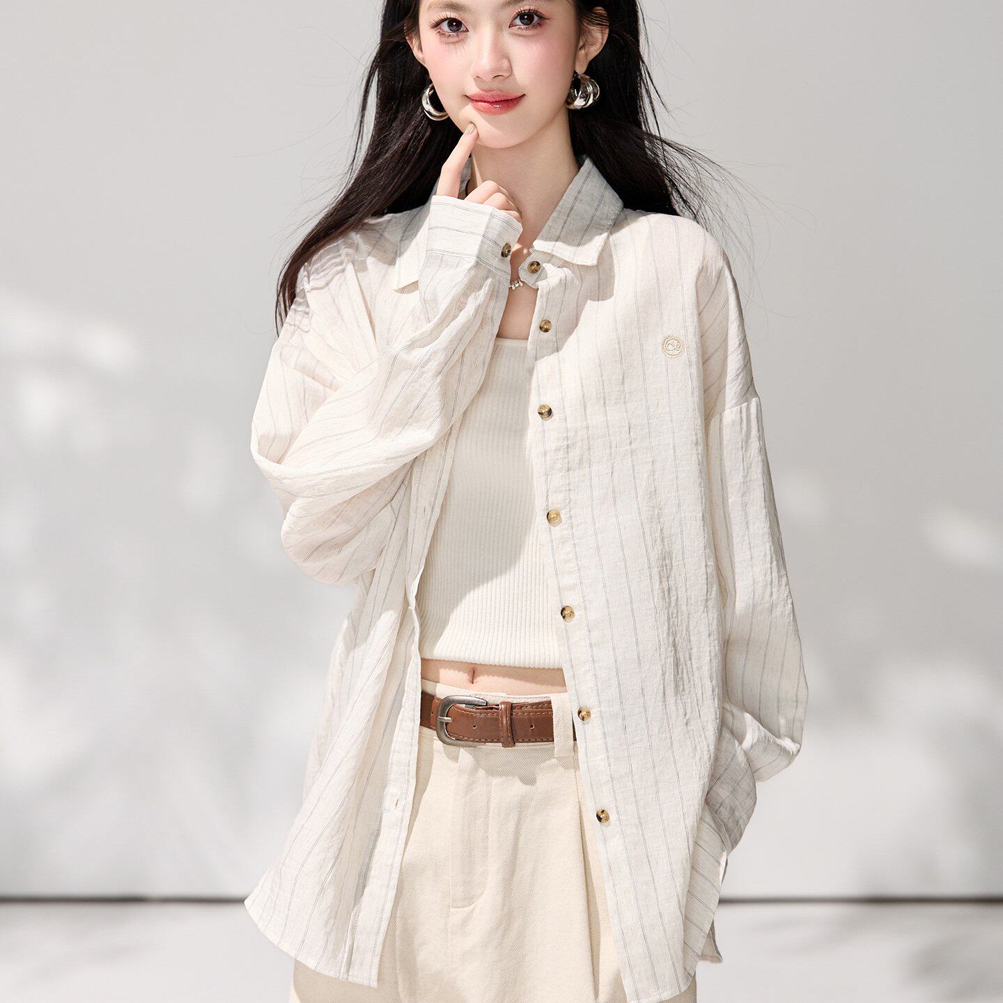 已出货2026夏季新款宽松防晒衣条纹棉麻长袖衬衫女中长款外穿上衣