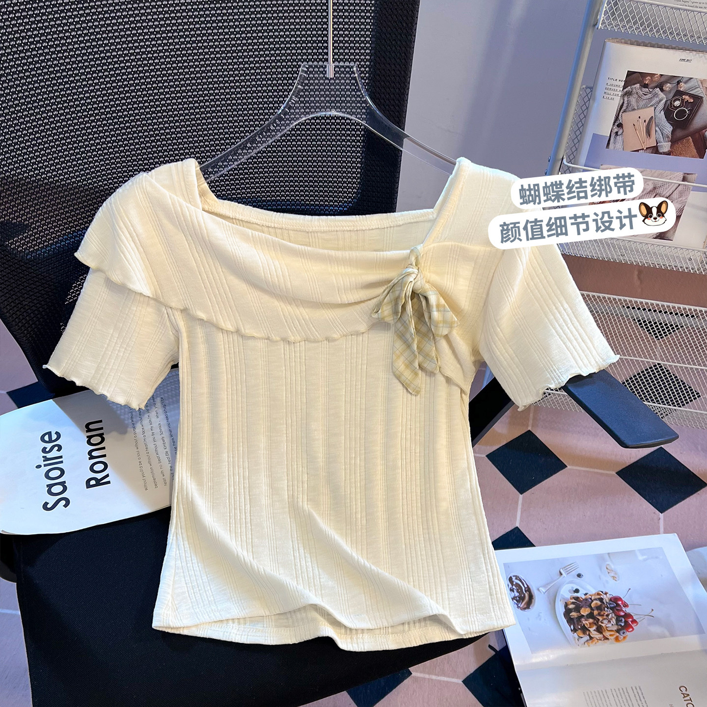实拍木耳边一字肩短袖T恤女夏2026新款设计感小清新减龄系带上衣