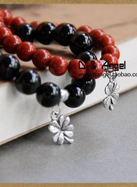 幸运草情侣手链天然红竹石影子石