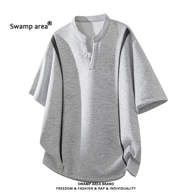 SWAMP AREA夏季短袖T恤男复古宽松V领落肩潮牌休闲衬衫体恤男上衣